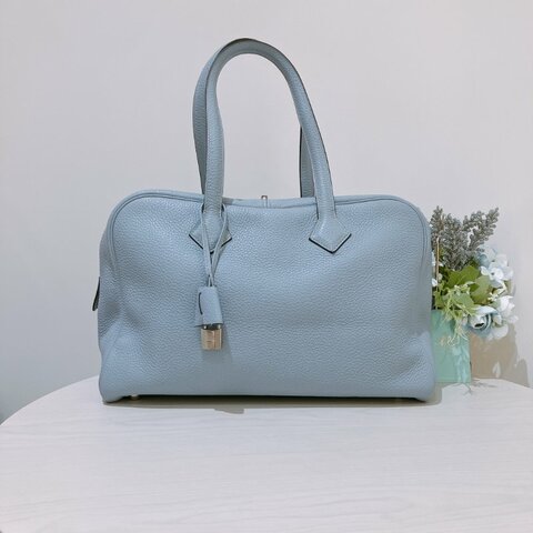 TK2103	愛馬仕 容量大 手提袋 Hermes Victoria 35 Bleu Lin J7 HandBag #Stamp  Square Q