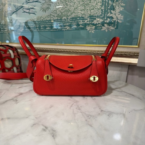 Hermes S5番茄紅T/C皮Mini Lindy金釦手提肩斜背包H079086CCS5