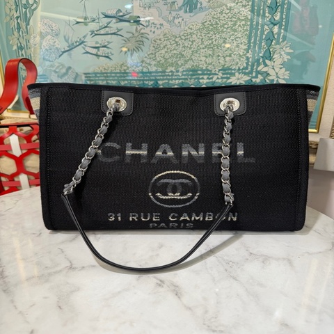 Chanel 黑帆布藍白條紋Deauville銀釦手提肩背沙灘包A67001