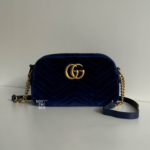 98新🆕 Gucci 古馳 GG Marmont 相機包 寶藍色絨布金釦