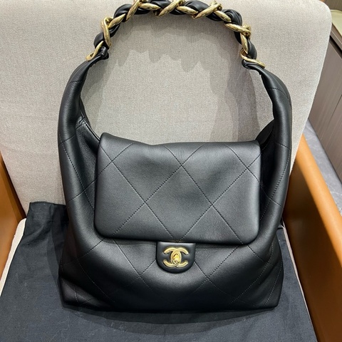 Chanel 香奈兒25K黑金hobo嬉皮包大號 芯片款 底長35cm配塵袋