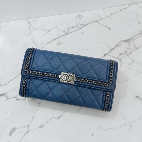 莉亞精品♡ Chanel A80287 藍色復古銀扣長夾 二手美包