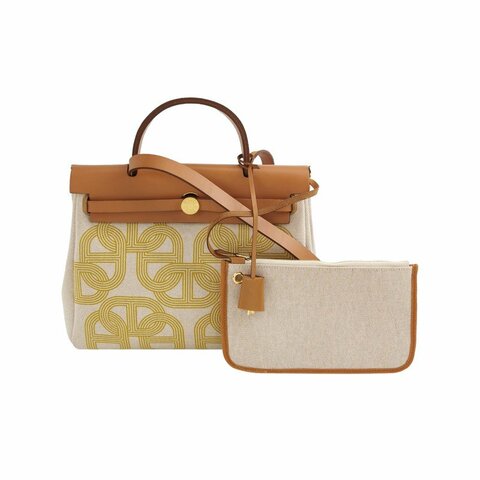 Hermes Herbag31馬鞍釘鎖扣斜挎單肩包Hunter牛皮帆布金扣棕色淺米色黃色B刻