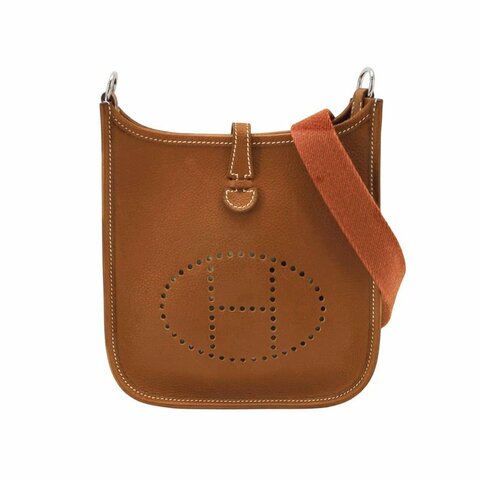 Hermes Evelyne16鏤空單肩包Barenia Faubourg福寶馬鞍皮銀扣34黃褐色G刻
