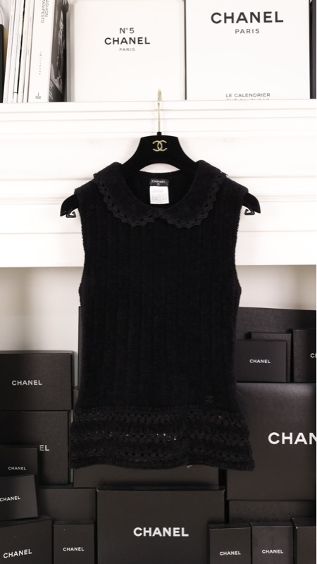 Chanel 02年黑色毛巾材质娃娃领马甲背心上衣