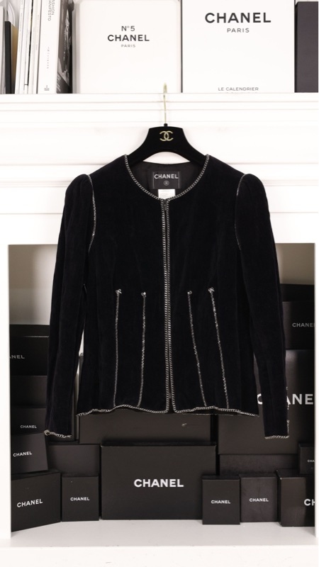 Chanel 06年秀款黑色丝绒银链滚边收腰上衣外套