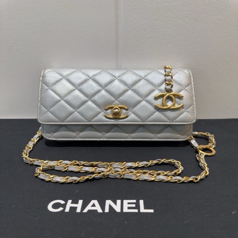 CHANEL香奈兒 銀色金扣 發財Woc 鏈條包 單肩斜挎包
