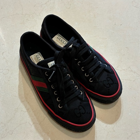 Gucci 黑色雙G側紅綠休閒鞋👟38