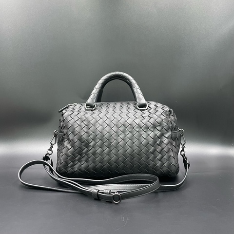 Bottega Veneta 葆蝶家 黑色羊皮編織波士頓手提斜挎包 24*15
