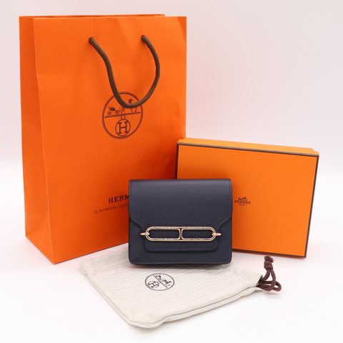 Hermès 愛馬仕 Roulis Slim 豬鼻子 短夾 午夜藍 金扣 A刻