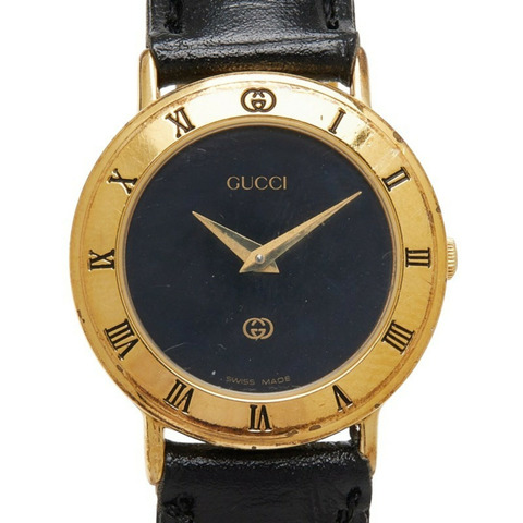 Gucci 3000L 石英錶，黑色錶盤，不鏽鋼錶帶，皮革女士手錶。