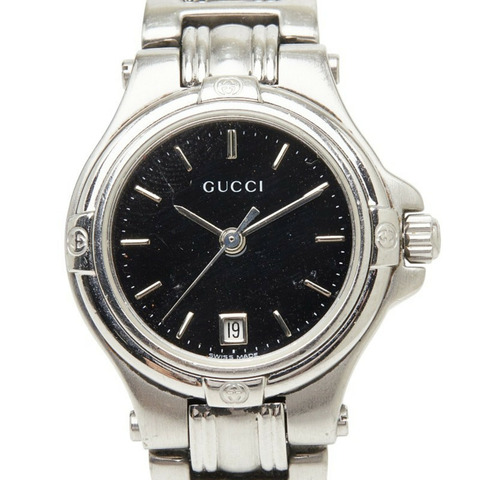 Gucci 9040L 石英錶，黑色錶盤，不鏽鋼錶殼，女士款