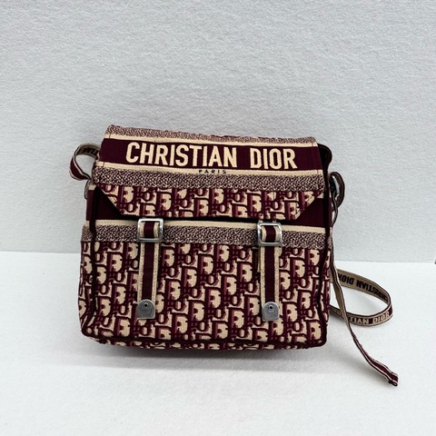 Dior 迪奧 中號 Diorcamp手袋 酒紅色格紋布Oblique印花刺繡單肩斜挎包郵差包