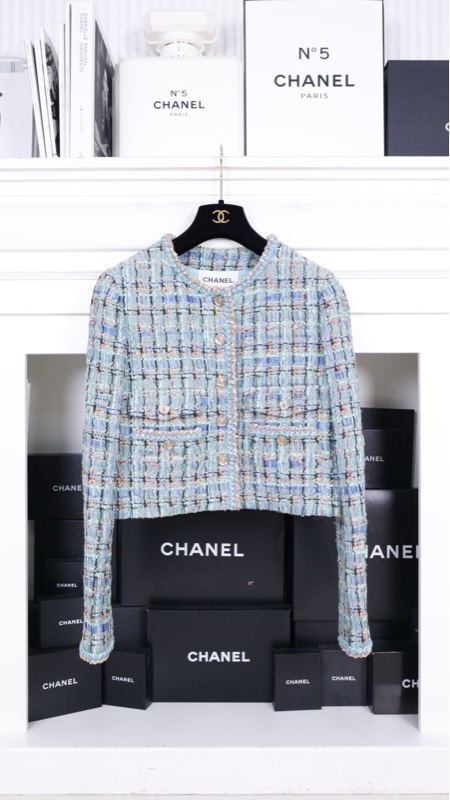 Chanel 25A杭州西湖秀款孔雀蓝编织四口袋上衣外套
