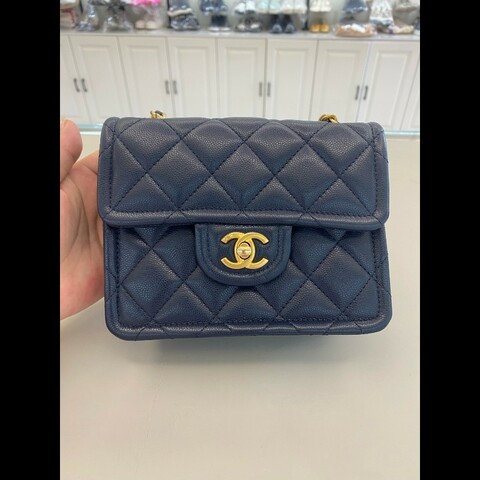 99新 Chanel/香奈兒 深藍色金扣 荔枝牛皮豆腐包