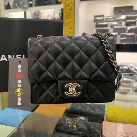 東區正精品㊣CHANEL MINI COCO A35200 近全新香奈兒黑色羊皮金鍊菱格紋方胖斜背包 17cm RZ4894