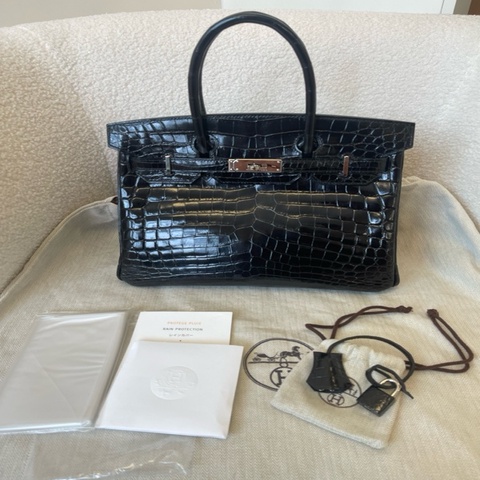 愛馬仕 Hermès Birkin 30 黑銀亮面鱷魚皮（兩點刻印，稀有皮質），2008年包。