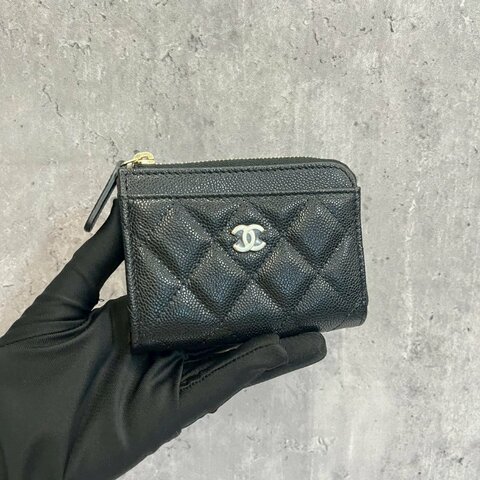 Chanel L型拉鍊短夾 黑金荔枝牛 全新全配