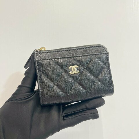 Chanel L型拉鍊短夾 黑金荔枝牛 全新全配