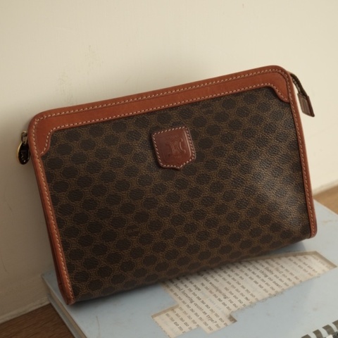 Celine Vintage 1980s經典Macadam老花盾形皮標萬用手拿包 / 化妝包
