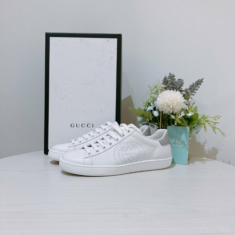 TK2102 Gucci 古馳GG字休閑鞋 Leather Perforated GG Sneakers White X Grey