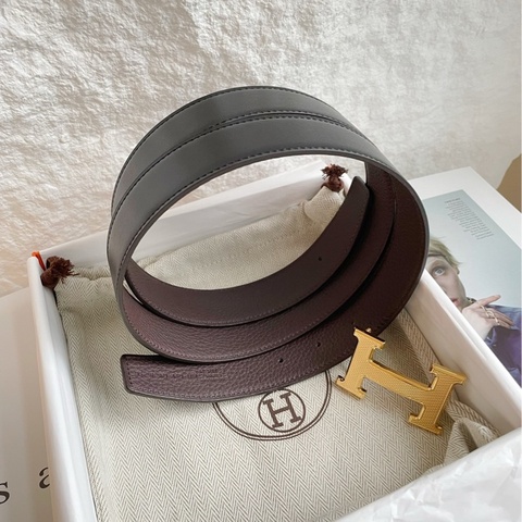 Hermes愛馬仕 男士雙面皮帶 黑色拼巧克力色 32mm*95cm H雕花紋金扣