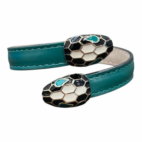 BVLGARI 寶格麗 SERPENTI FOREVER 雙頭琺瑯手環 皮革 祖母綠色