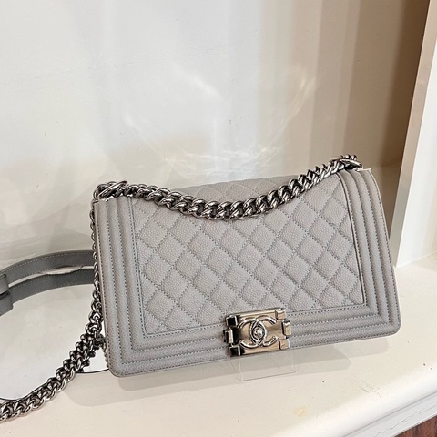CHANEL BOY25銀釦單肩斜挎鏈條包 灰荔枝 保卡款17開