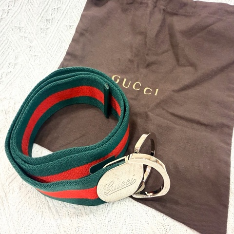 ✨近全新✨Gucci 經典綠紅綠織帶 草寫Logo D型環皮帶🔥優惠釋出