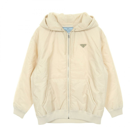 PRADA Re-Nylon 輕量連帽絎縫拉鍊夾克外套，尼龍米色 #40