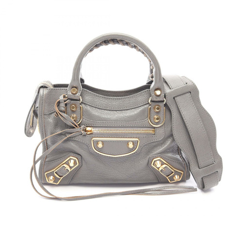 巴黎世家 (BALENCIAGA) 經典金屬邊迷你都會兩用手提包 390160 皮革 灰色 二手 女士