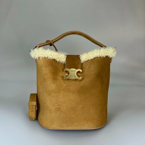 全新品 CELINE  麂皮毛邊手提水桶側背包