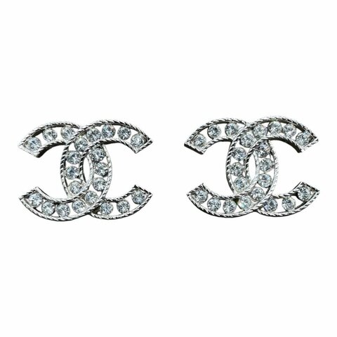 CHANEL 香奈兒 雙C水鑽針式耳環 合金 銀釦