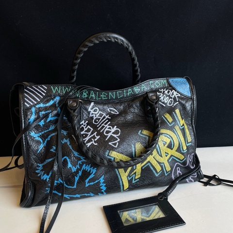 Balenciaga巴黎世家 機車包黑色小號city塗鴉限量款