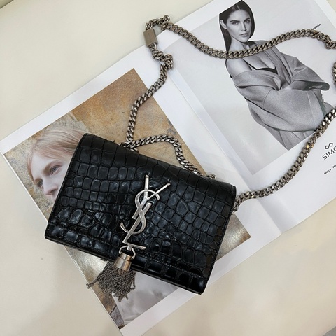 聖羅蘭/Saint laurent   Kate黑銀鰐魚壓紋mini流蘇包