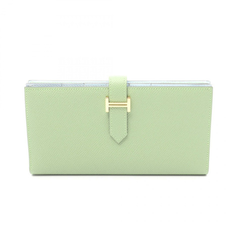 HERMES Bearn Soufflet Verso 錢包 073596CC Epsom 皮革 綠色 藍色 二手 Y GHW