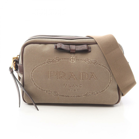 PRADA LOGO JACQUARD 斜背單肩包 帆布皮革 米色 棕色 二手 女士