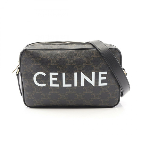 CELINE Triomphe 中斜斜背包，帆布皮革材質，黑色，二手