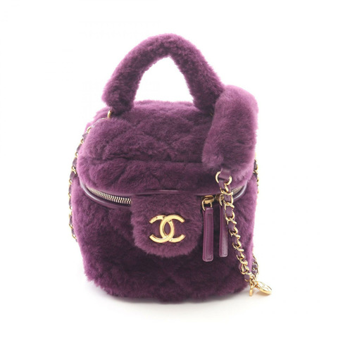 香奈兒 (CHANEL) 絎縫化妝包 手提單肩包 羊皮剪絨 紫色 二手 金色五金