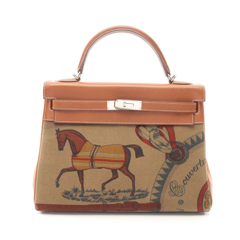 愛馬仕 Kelly 32 單肩手提包，採用 Toile Couvel 帆布和 Barenia 皮革，二手，全新帶五金配件。