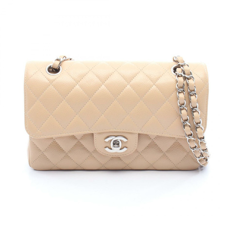 香奈兒 (CHANEL) Matelasse W 翻蓋肩背包，粒面小牛皮，米色，二手，女士，SHW CC