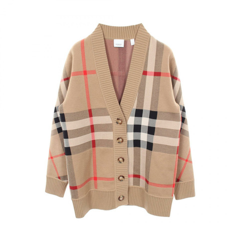 BURBERRY Novacheck 技術提花開襟衫，羊毛聚酯混紡，米色，二手女款