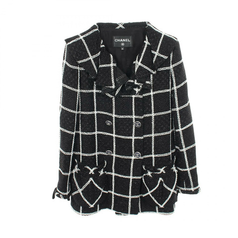 CHANEL 23FW COCO Mark Button 褶邊花呢 其他夾克 P64023V49039 bisukosu / poriesuteru 黑色 白色 二手