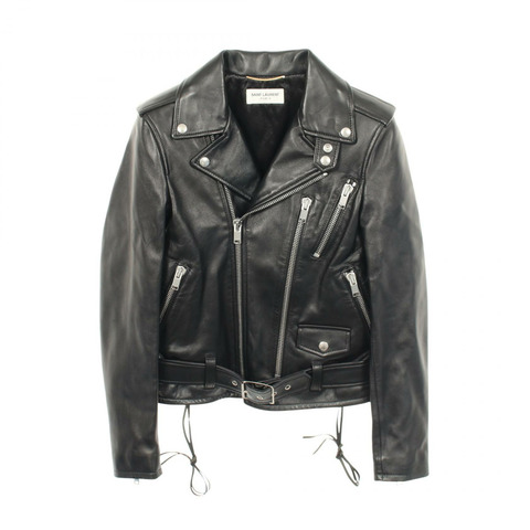 SAINT LAURENT PARIS 雙排扣騎手外套 Blouson #36 黑色皮革二手女款