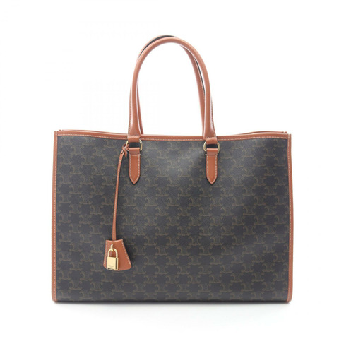 CELINE Horizontal Cabas Triomphe 手提包 197912 帆布皮革 黑色 棕色 二手