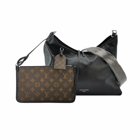 Louis Vuitton (LV) CarryAll中號牛皮羊皮字母Logo黑武士子母包斜背包單肩包晶片款