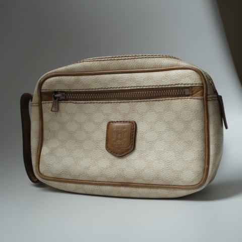 Celine Vintage 1980s經典米色老花凱旋門盾牌雙層手拿包 / 化妝包
