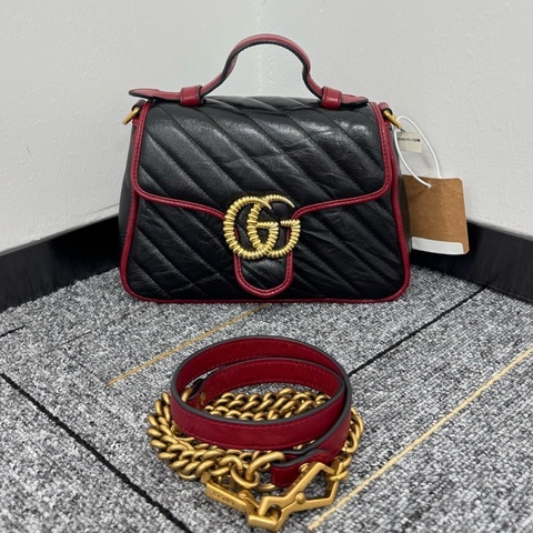 GUCCI古馳 GG marmont馬蒙手提包 有肩帶可斜挎 黑色拼紅色牛皮 金扣