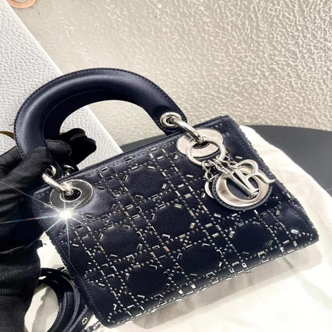 Dior 絲絨磨砂水鑽深藍色三格戴安娜王妃包塵袋肩帶海軍藍實物