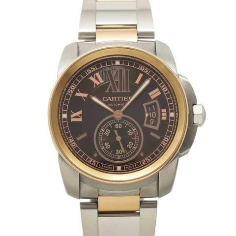 Cartier Calibre de W7100050 男士腕錶，日期顯示，棕色錶盤，18KPG 玫瑰金錶殼，自動上鍊機芯。